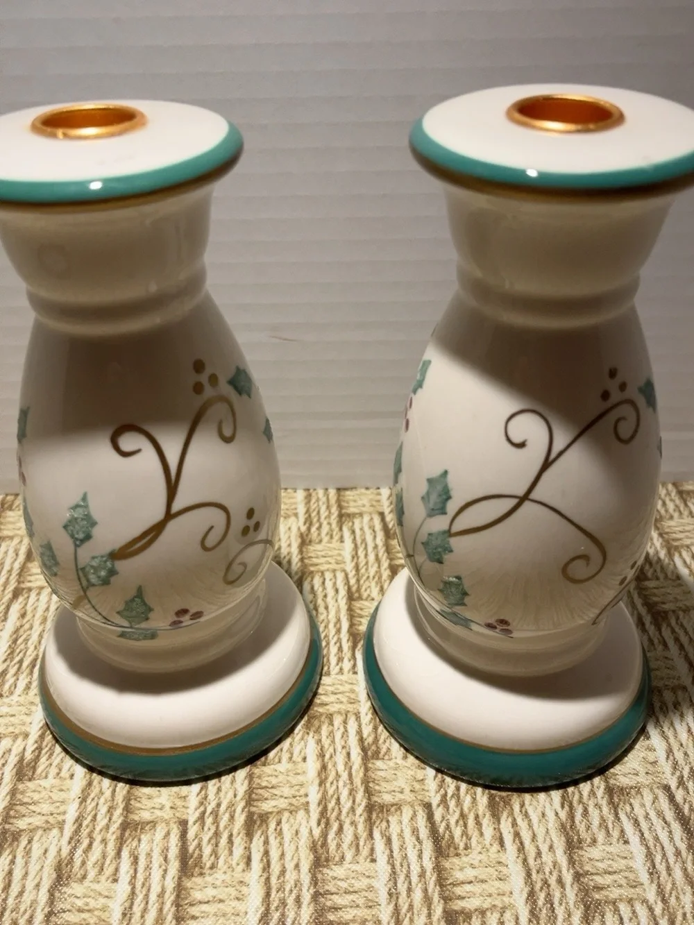 Pair Christmas Holly Ceramic Candlestick Holders 8” Teal Gold Red Berries